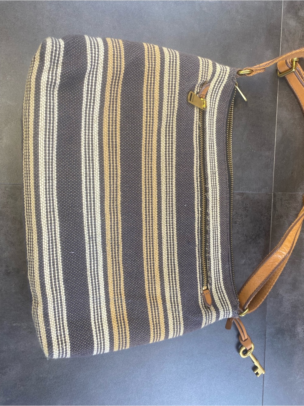 Fossil Kinley Bohemian Brown & BlueGrey Striped Canvas Crossbody Bag w/key charm - Picture 8 of 9